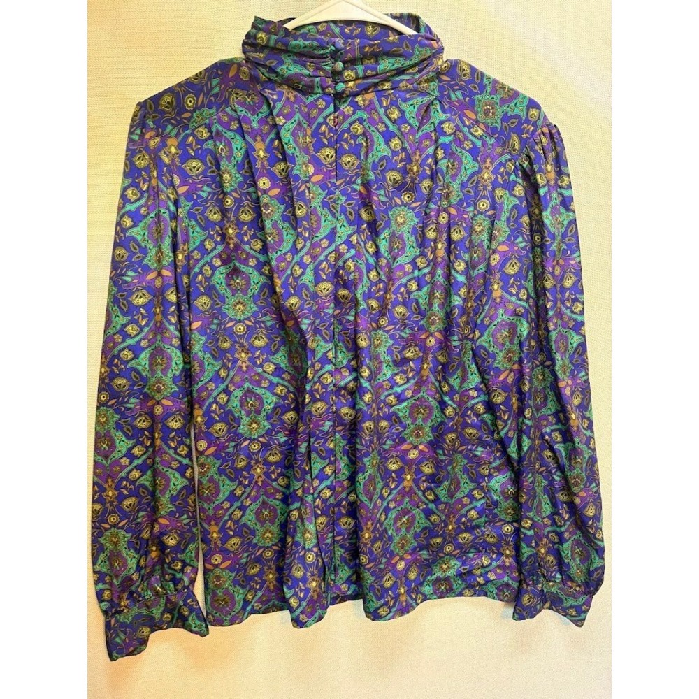 Vintage Marlis Purple Green‎ Paisley Mock Neck Blouse Long Sleeve Top Size 8